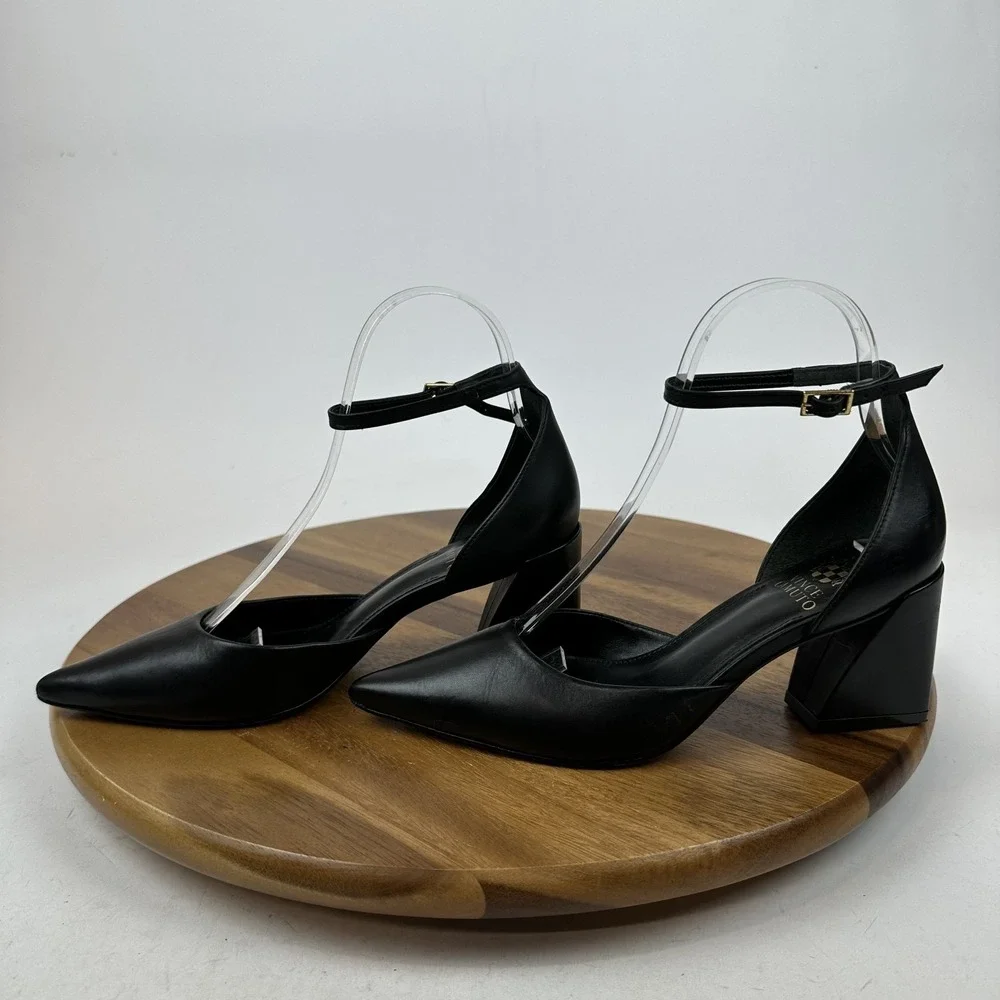 Womens Vince Camuto Sorenn Black Leather Ankle Strap d'Orsay Pumps Size 7 M GUC - Picture 2 of 8